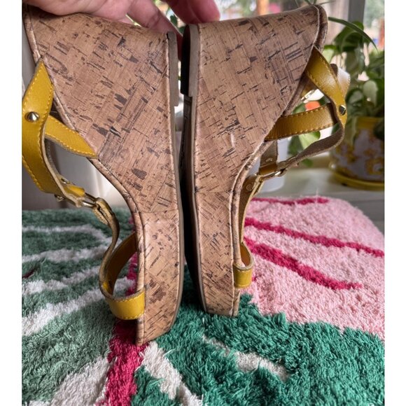 Strappy Wedge Sandals Women 8.5 Yellow Vegan Studded Peep Toe Cork Beach Resort - Picture 5 of 7